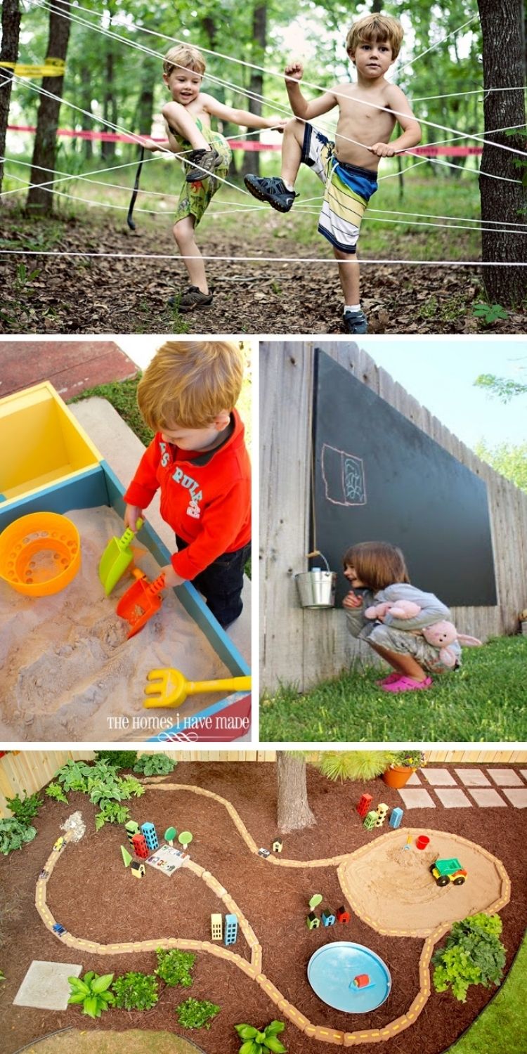 Backyard Fun - kids climbing over obstacle course, playing in sand, drawing on a chalkboard. Sandbox .