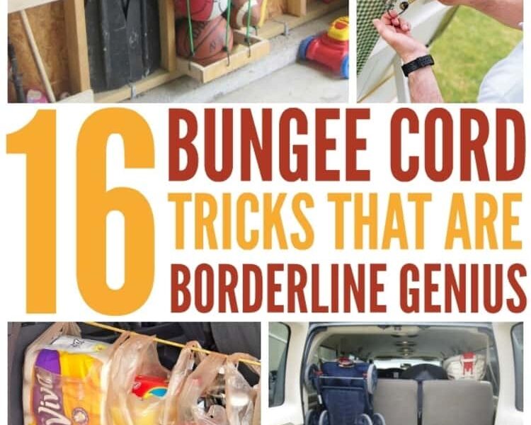 7-photo collage of 16 BUNGEE CORD TRICKS THAT ARE BORDERLINE GENIUS - garage organization in between the studs, hanging extension cords, fastening tablecloth, organizing car trunk by holding up stroller in place, toddler activity center for road trips, hanging drapes , and shopping hung in car trunk