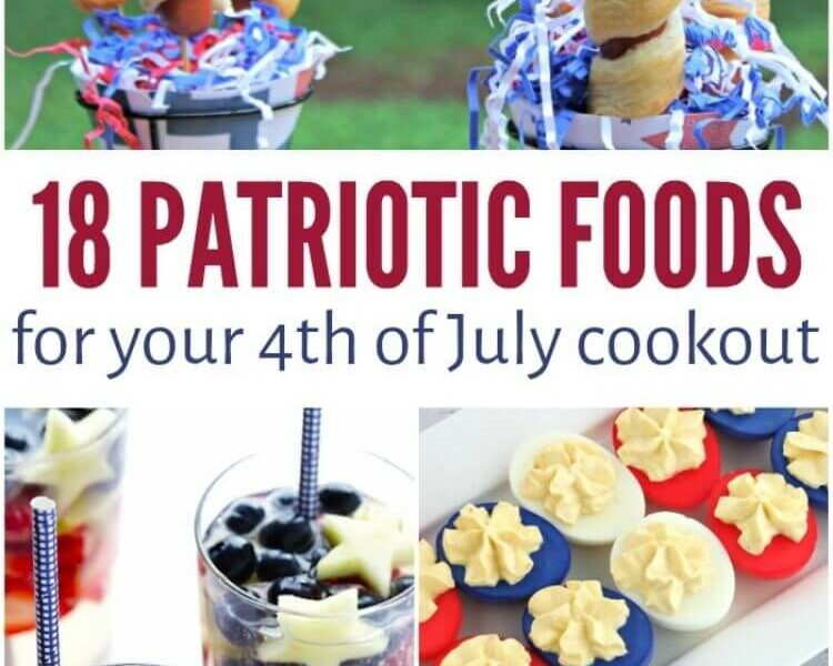 4th of July food idea collage - fire cracker hot dogs, red white and blue sangria, red and blue deviled eggs, and red white and blue potato salad