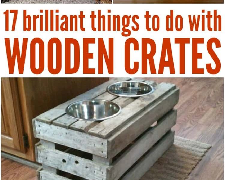 Wooden Crates Projects collage white bookshelfs from crates, kids room shelves from shelves, pet feeding station, outside kitchen upper cabinet from shelves, desk from wooden crates