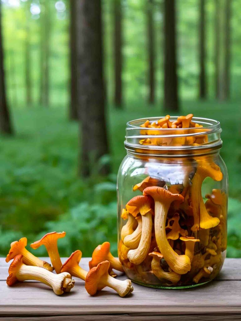 pickled chanterelles in jar with woods as background