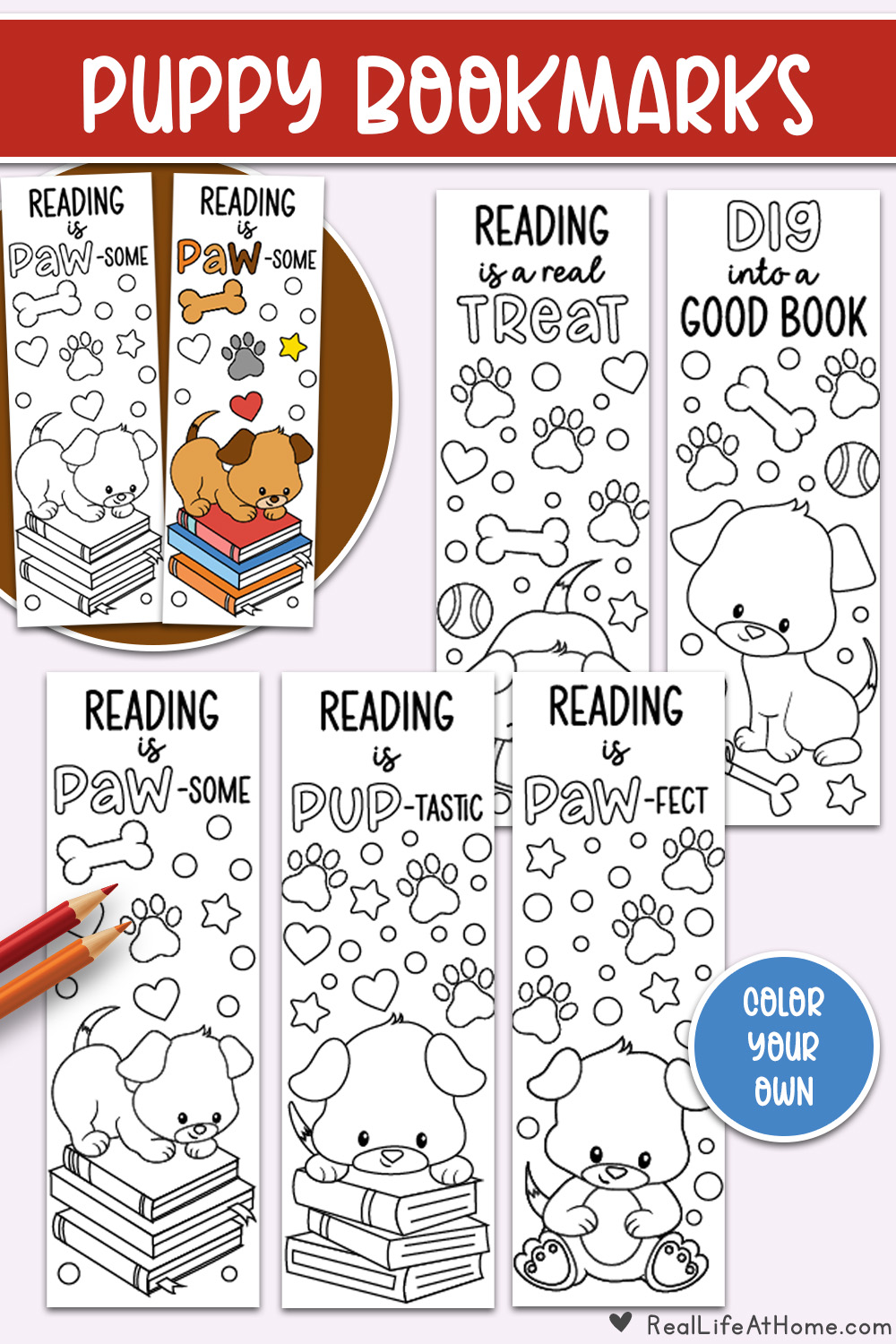 Dog Bookmarks to Color Shown on a Neutral Background.