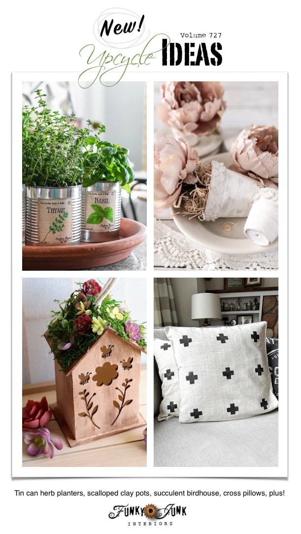 Visit 20+ NEW Upcycle Ideas 727 - Tin can herb planters, scalloped clay pots, succulent birdhouse, cross pillows, plus more unique repurposed projects to make!