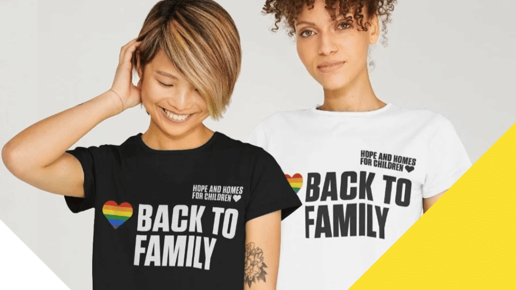 Two women in back to family pride month T-shirts